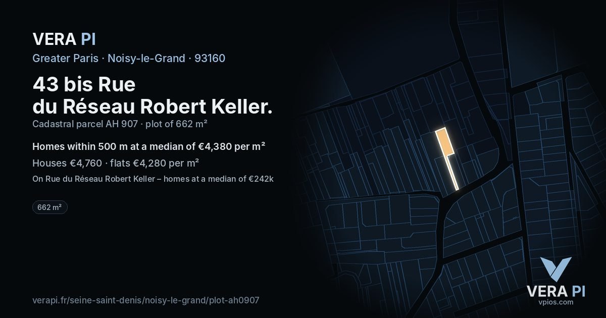 43 bis Rue du Réseau Robert Keller, Noisy-le-Grand at night – the plot lit, the parcels around coloured by the prices near them