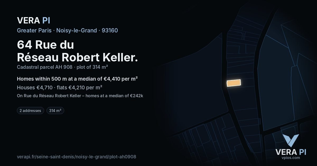 64 Rue du Réseau Robert Keller, Noisy-le-Grand at night – the plot lit, the parcels around coloured by the prices near them