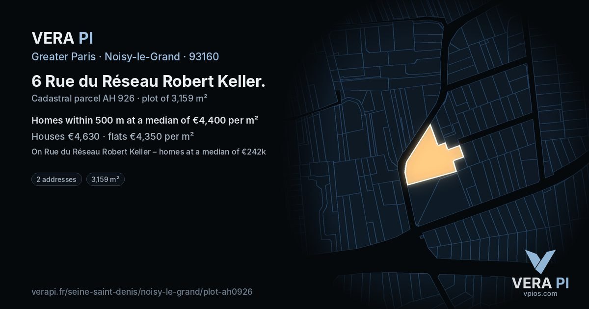 6 Rue du Réseau Robert Keller, Noisy-le-Grand at night – the plot lit, the parcels around coloured by the prices near them