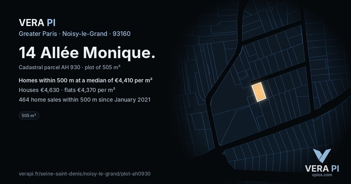 14 Allée Monique, Noisy-le-Grand at night – the plot lit, the parcels around coloured by the prices near them
