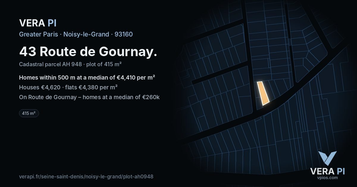 43 Route de Gournay, Noisy-le-Grand at night – the plot lit, the parcels around coloured by the prices near them