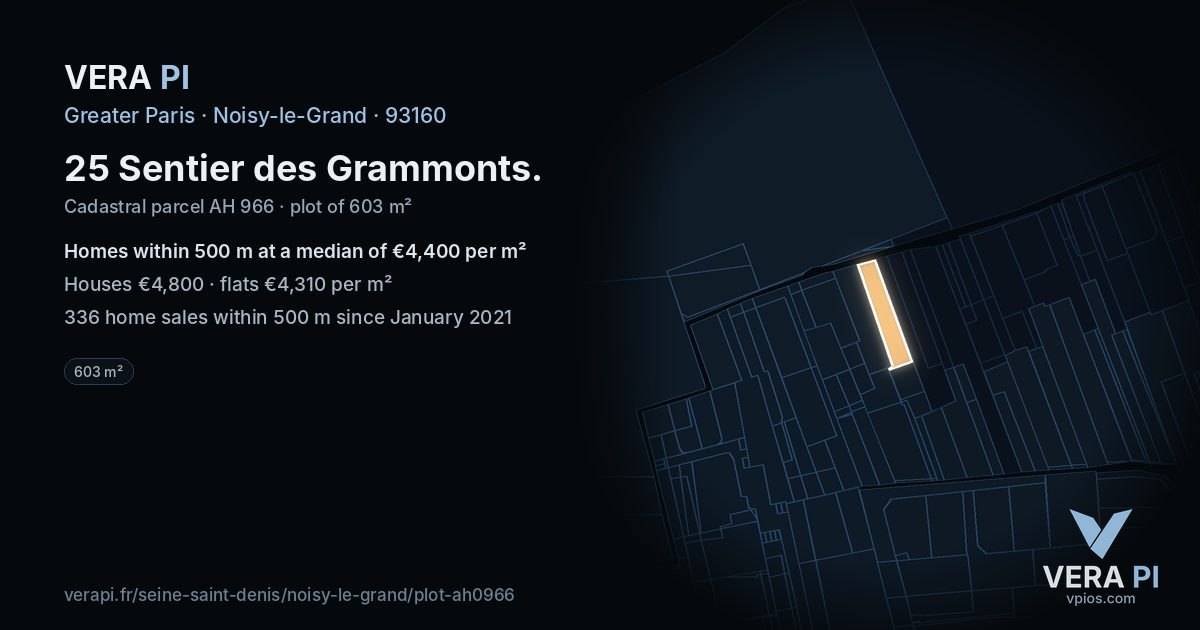 25 Sentier des Grammonts, Noisy-le-Grand at night – the plot lit, the parcels around coloured by the prices near them