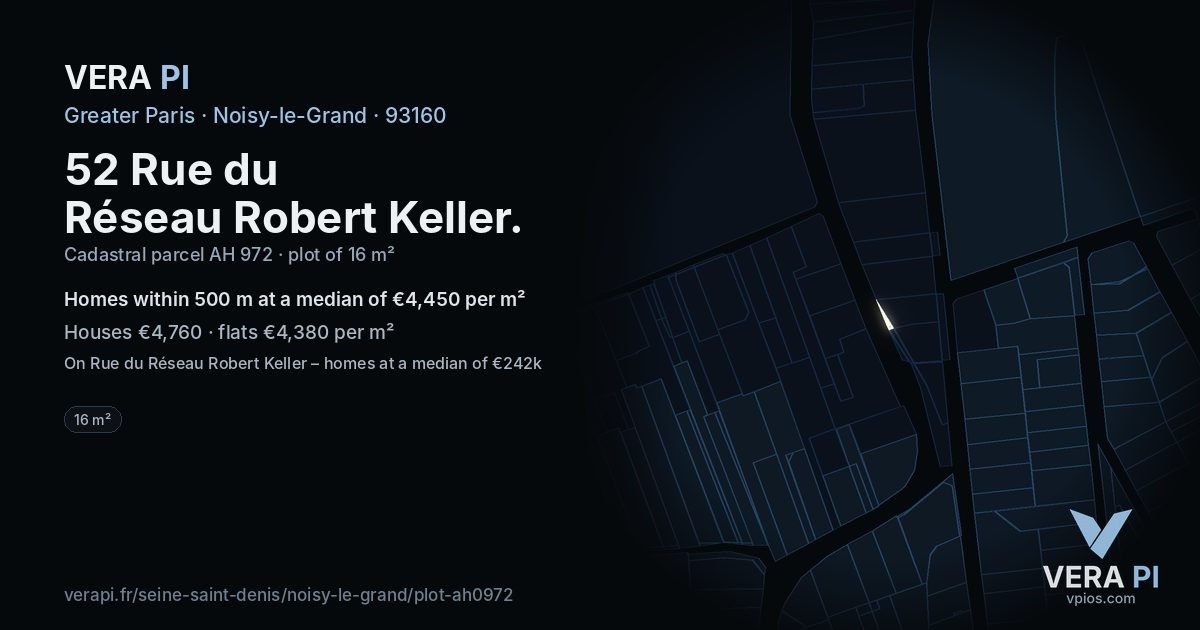 52 Rue du Réseau Robert Keller, Noisy-le-Grand at night – the plot lit, the parcels around coloured by the prices near them
