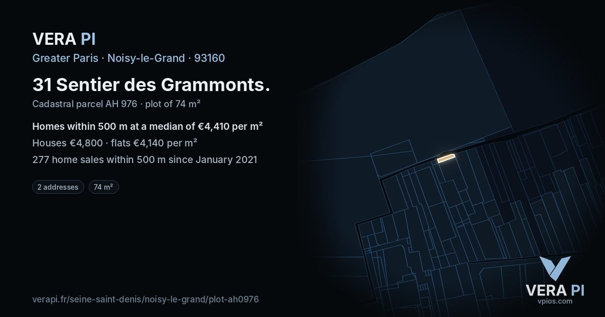 31 Sentier des Grammonts, Noisy-le-Grand at night – the plot lit, the parcels around coloured by the prices near them