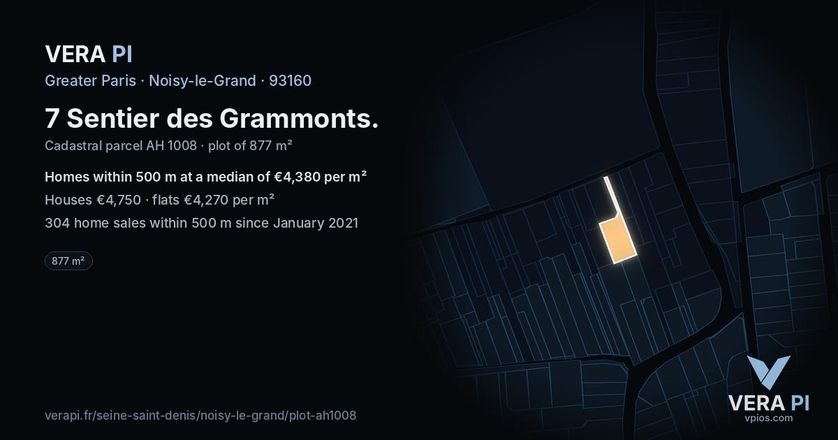 7 Sentier des Grammonts, Noisy-le-Grand at night – the plot lit, the parcels around coloured by the prices near them