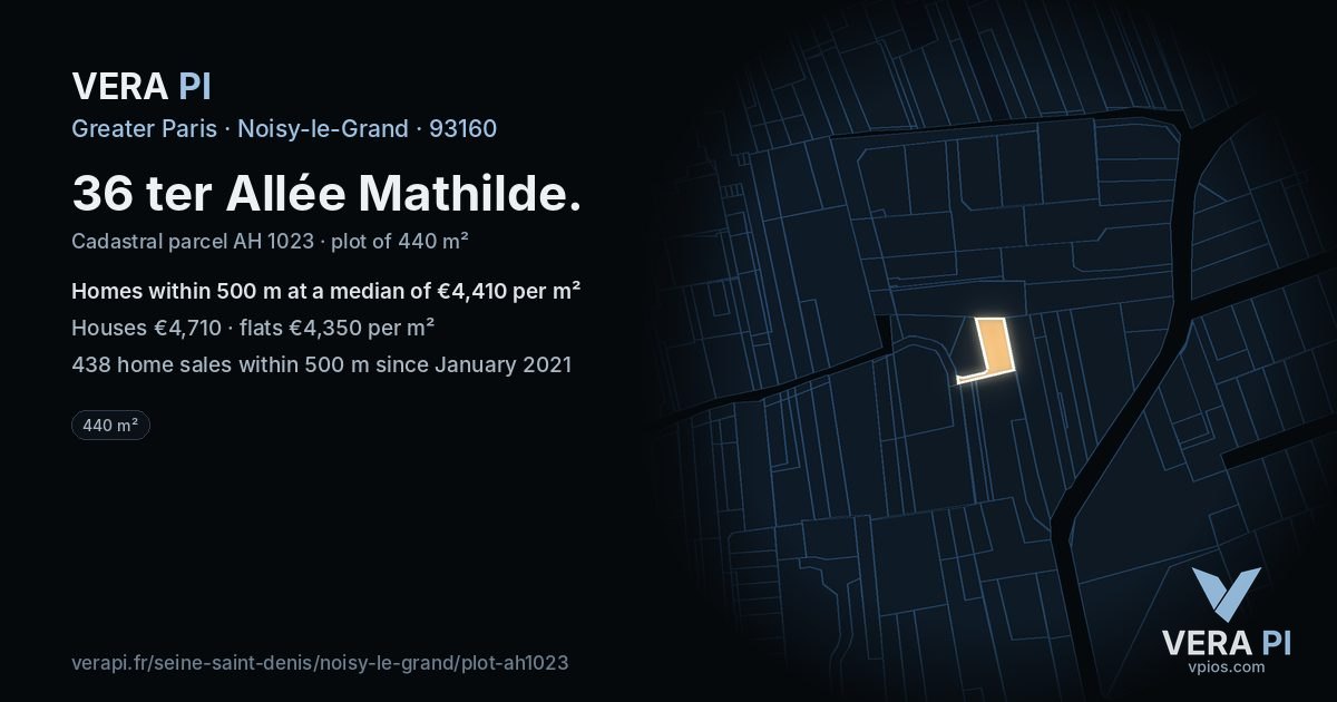 36 ter Allée Mathilde, Noisy-le-Grand at night – the plot lit, the parcels around coloured by the prices near them
