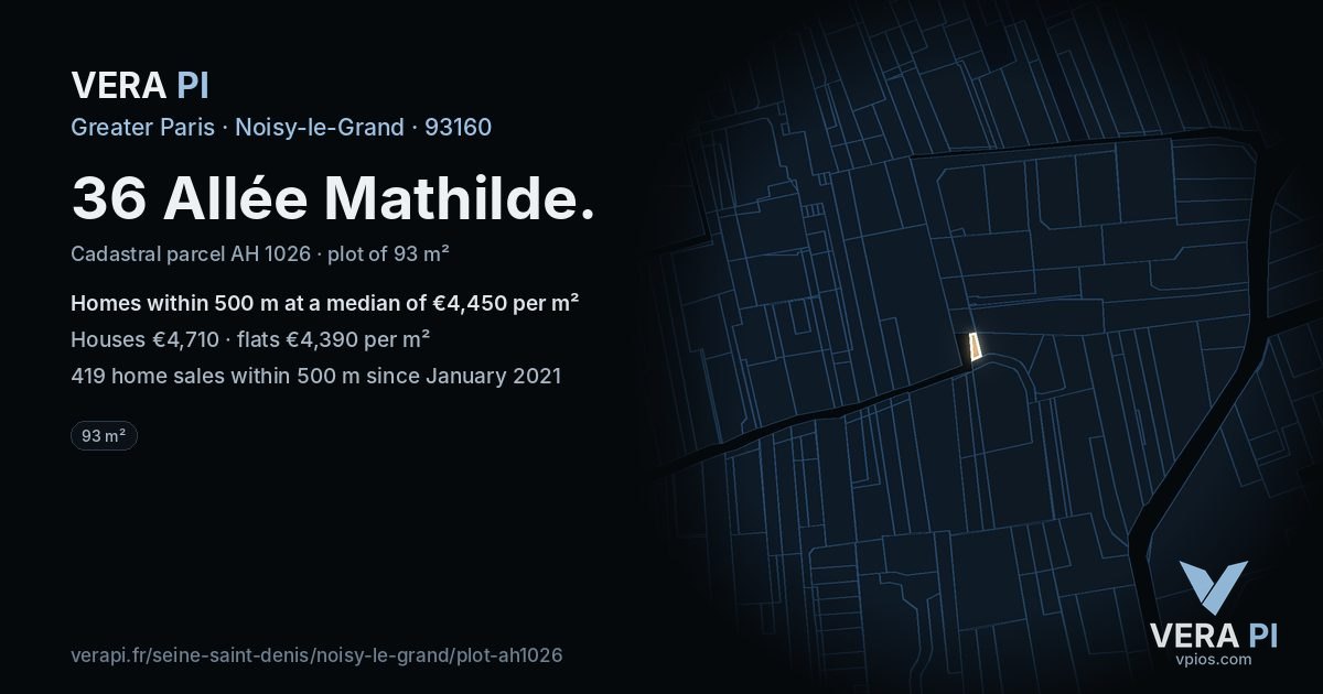 36 Allée Mathilde, Noisy-le-Grand at night – the plot lit, the parcels around coloured by the prices near them
