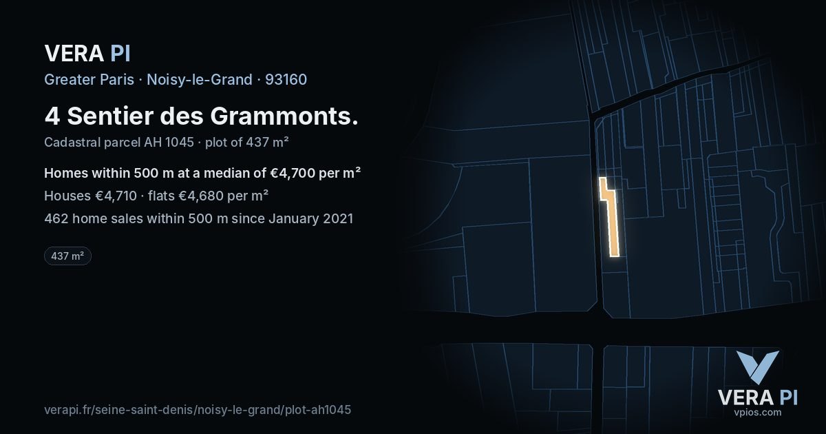 4 Sentier des Grammonts, Noisy-le-Grand at night – the plot lit, the parcels around coloured by the prices near them