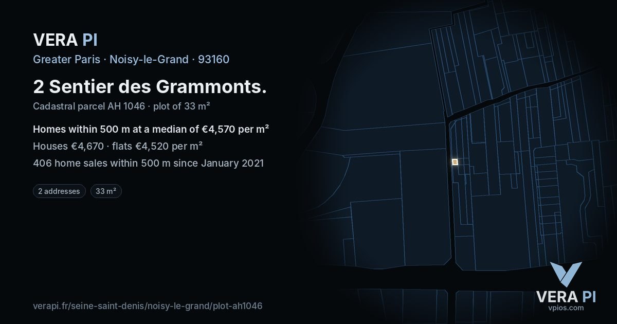 2 Sentier des Grammonts, Noisy-le-Grand at night – the plot lit, the parcels around coloured by the prices near them