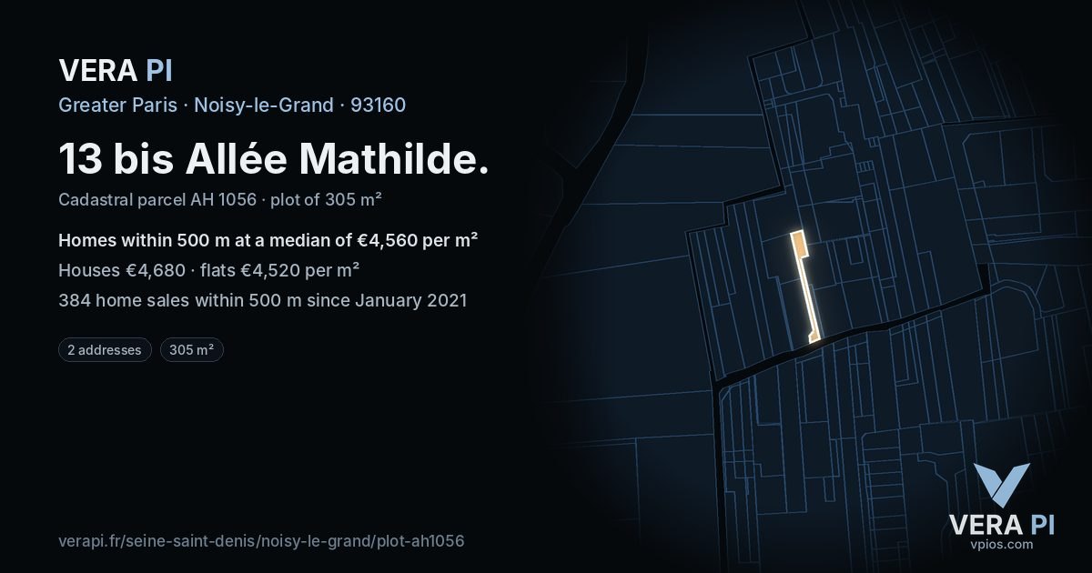 13 bis Allée Mathilde, Noisy-le-Grand at night – the plot lit, the parcels around coloured by the prices near them