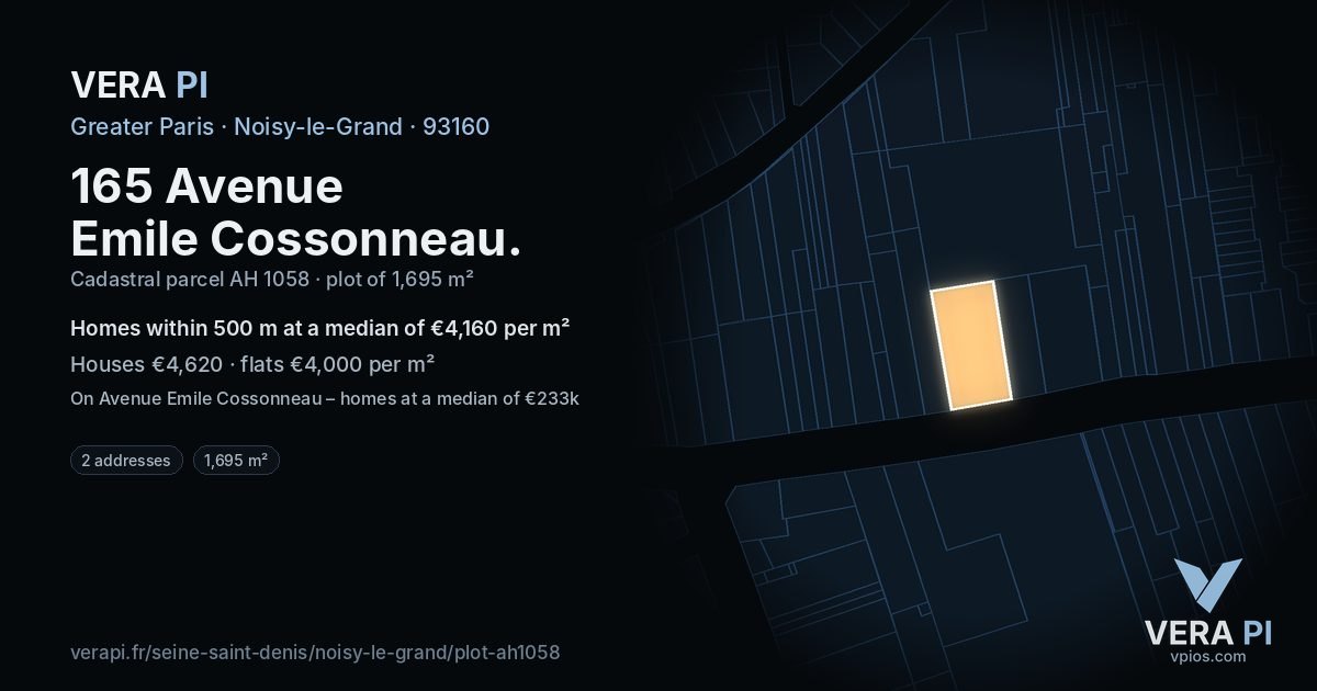 165 Avenue Emile Cossonneau, Noisy-le-Grand at night – the plot lit, the parcels around coloured by the prices near them