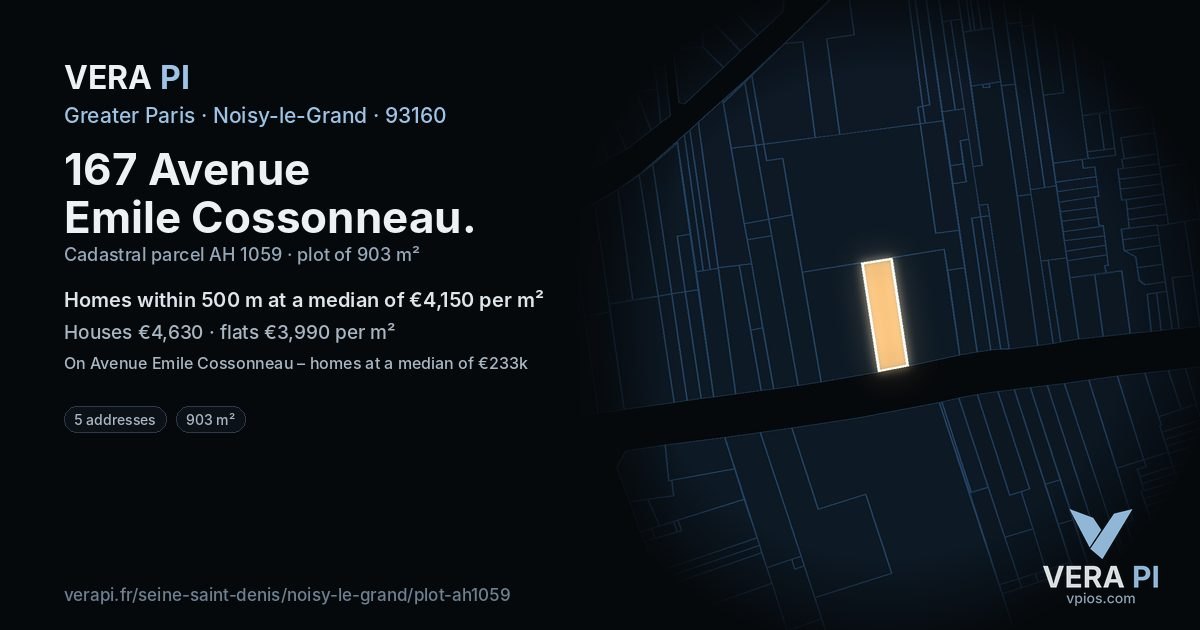167 Avenue Emile Cossonneau, Noisy-le-Grand at night – the plot lit, the parcels around coloured by the prices near them