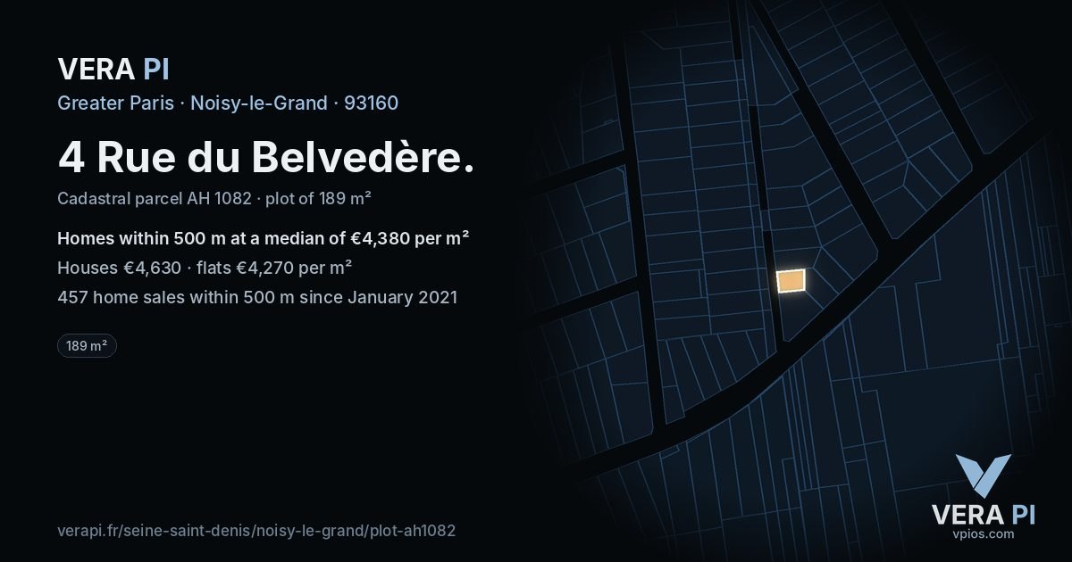 4 Rue du Belvedère, Noisy-le-Grand at night – the plot lit, the parcels around coloured by the prices near them