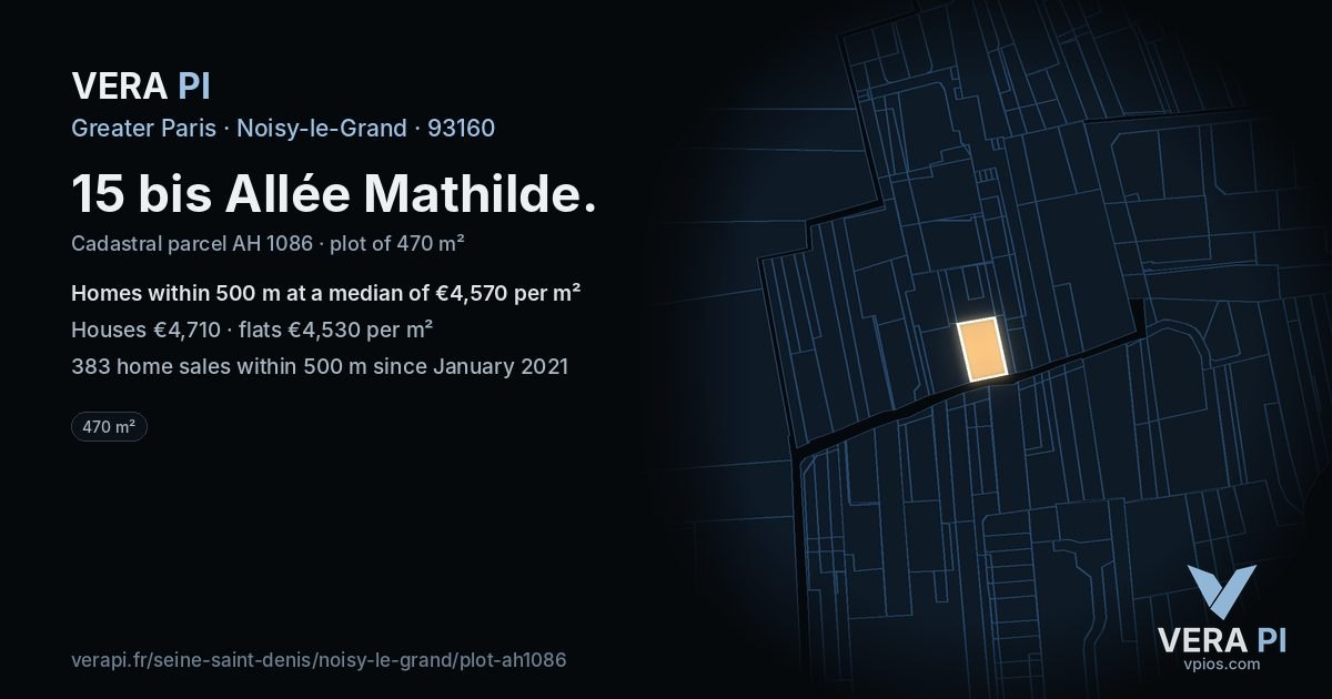 15 bis Allée Mathilde, Noisy-le-Grand at night – the plot lit, the parcels around coloured by the prices near them