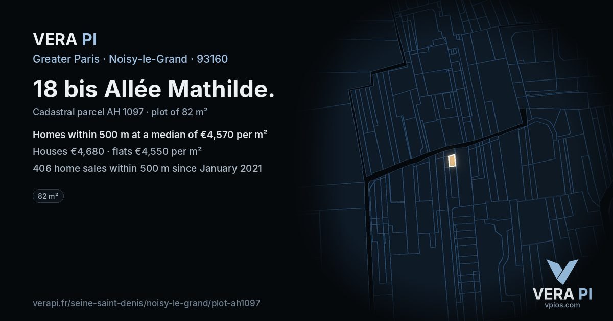 18 bis Allée Mathilde, Noisy-le-Grand at night – the plot lit, the parcels around coloured by the prices near them