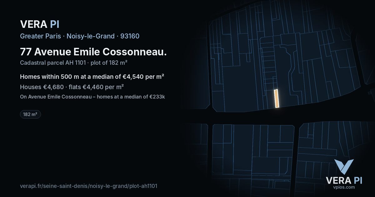 77 Avenue Emile Cossonneau, Noisy-le-Grand at night – the plot lit, the parcels around coloured by the prices near them