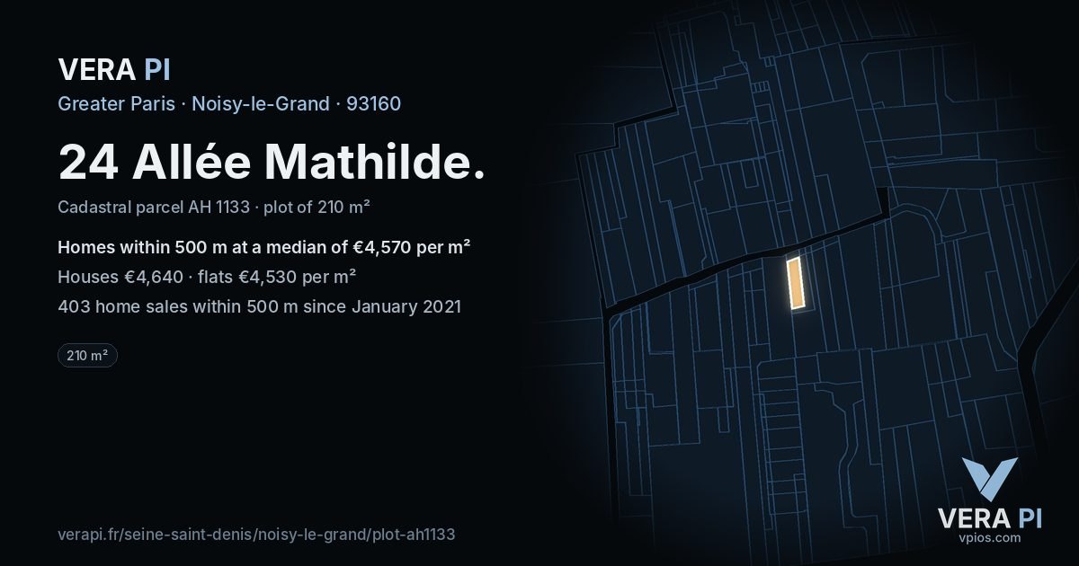 24 Allée Mathilde, Noisy-le-Grand at night – the plot lit, the parcels around coloured by the prices near them