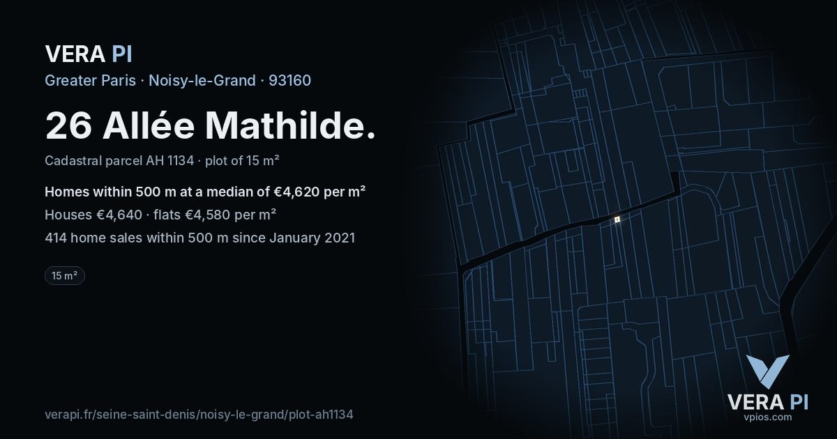 26 Allée Mathilde, Noisy-le-Grand at night – the plot lit, the parcels around coloured by the prices near them