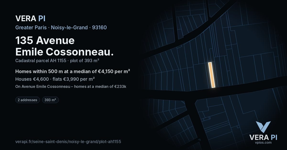 135 Avenue Emile Cossonneau, Noisy-le-Grand at night – the plot lit, the parcels around coloured by the prices near them