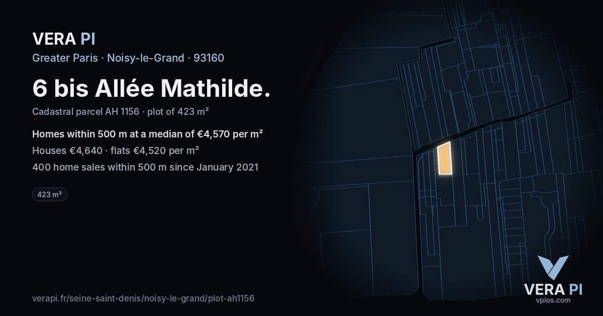 6 bis Allée Mathilde, Noisy-le-Grand at night – the plot lit, the parcels around coloured by the prices near them