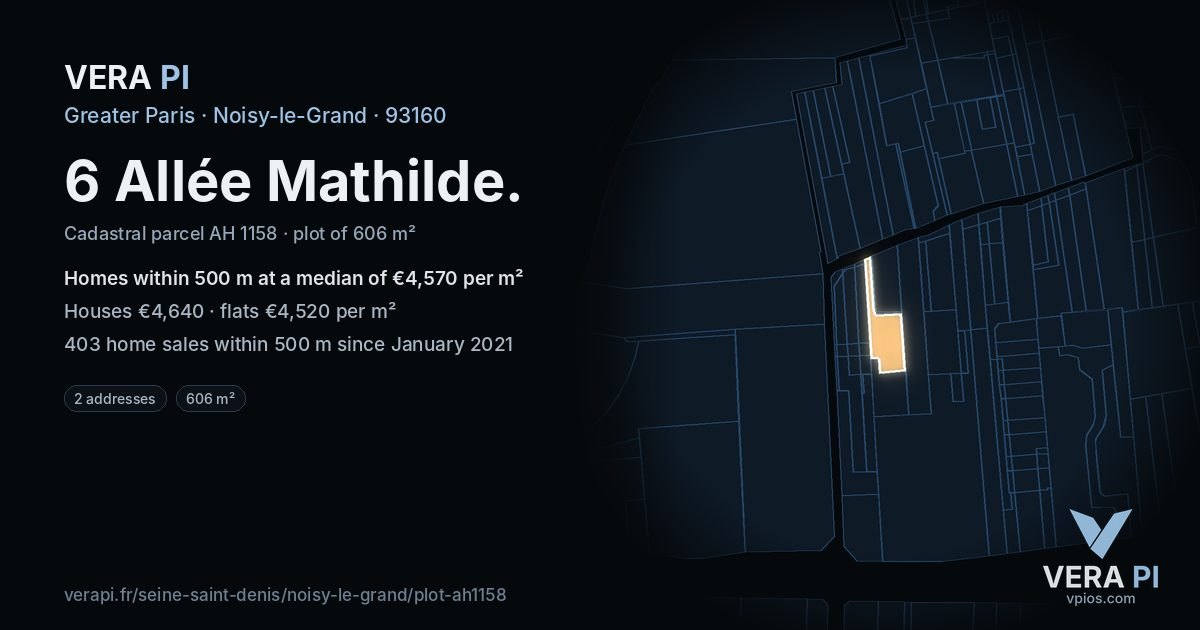 6 Allée Mathilde, Noisy-le-Grand at night – the plot lit, the parcels around coloured by the prices near them