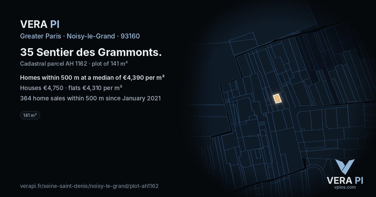 35 Sentier des Grammonts, Noisy-le-Grand at night – the plot lit, the parcels around coloured by the prices near them