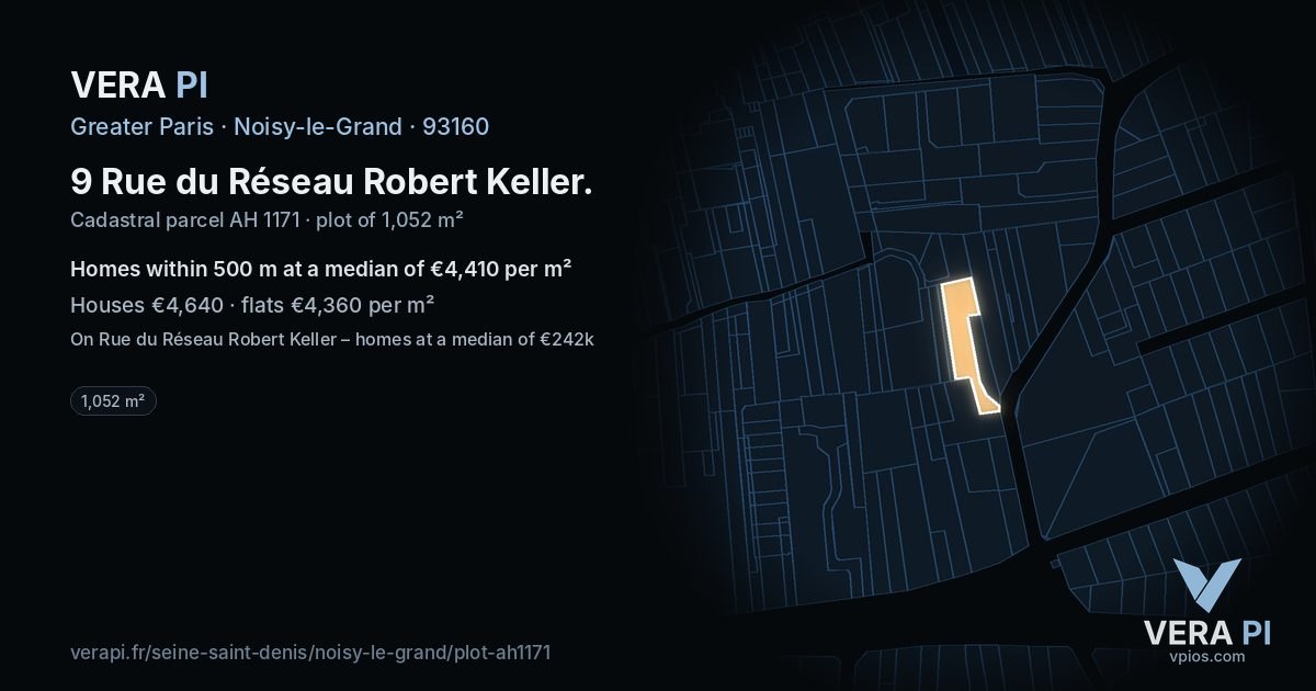 9 Rue du Réseau Robert Keller, Noisy-le-Grand at night – the plot lit, the parcels around coloured by the prices near them