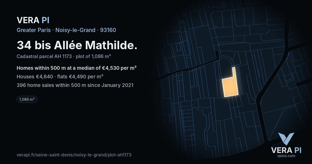 34 bis Allée Mathilde, Noisy-le-Grand at night – the plot lit, the parcels around coloured by the prices near them