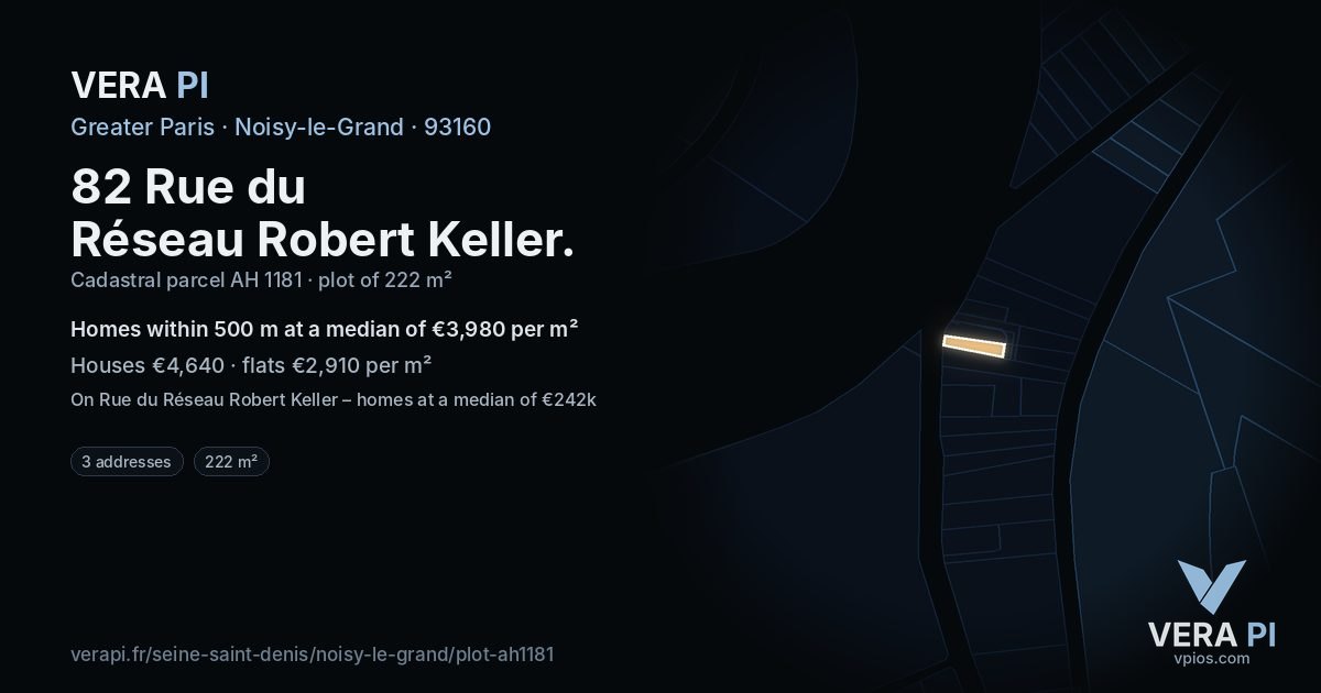 82 Rue du Réseau Robert Keller, Noisy-le-Grand at night – the plot lit, the parcels around coloured by the prices near them