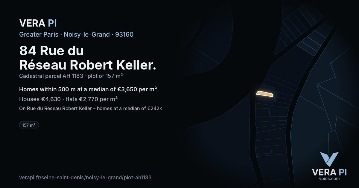 84 Rue du Réseau Robert Keller, Noisy-le-Grand at night – the plot lit, the parcels around coloured by the prices near them