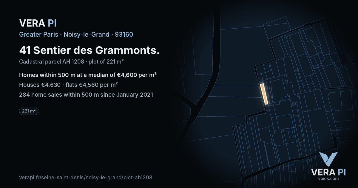 41 Sentier des Grammonts, Noisy-le-Grand at night – the plot lit, the parcels around coloured by the prices near them
