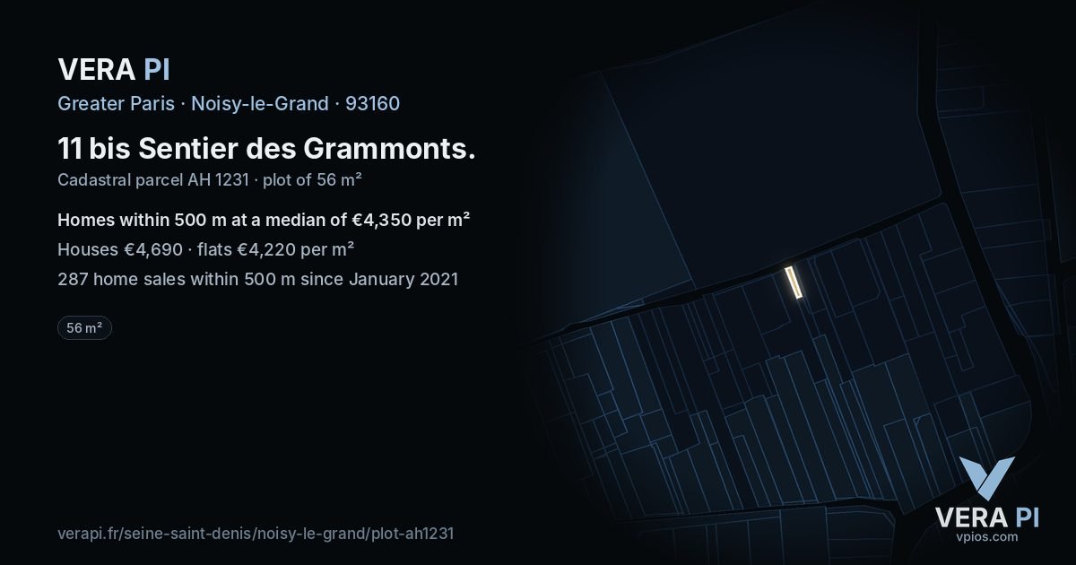 11 bis Sentier des Grammonts, Noisy-le-Grand at night – the plot lit, the parcels around coloured by the prices near them