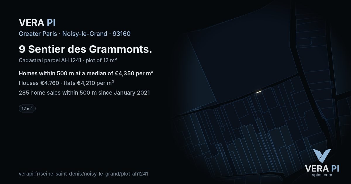 9 Sentier des Grammonts, Noisy-le-Grand at night – the plot lit, the parcels around coloured by the prices near them