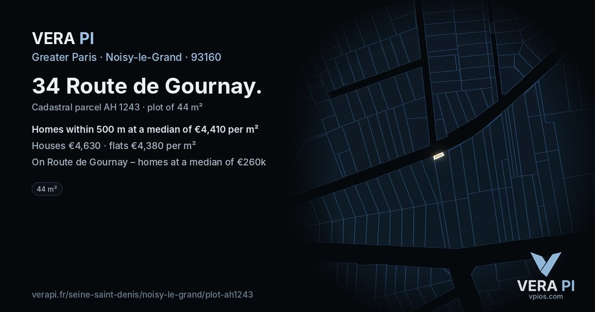 34 Route de Gournay, Noisy-le-Grand at night – the plot lit, the parcels around coloured by the prices near them