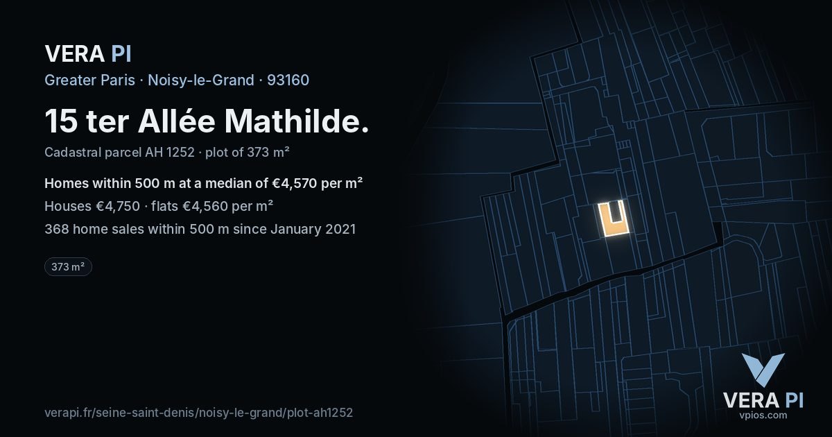 15 ter Allée Mathilde, Noisy-le-Grand at night – the plot lit, the parcels around coloured by the prices near them