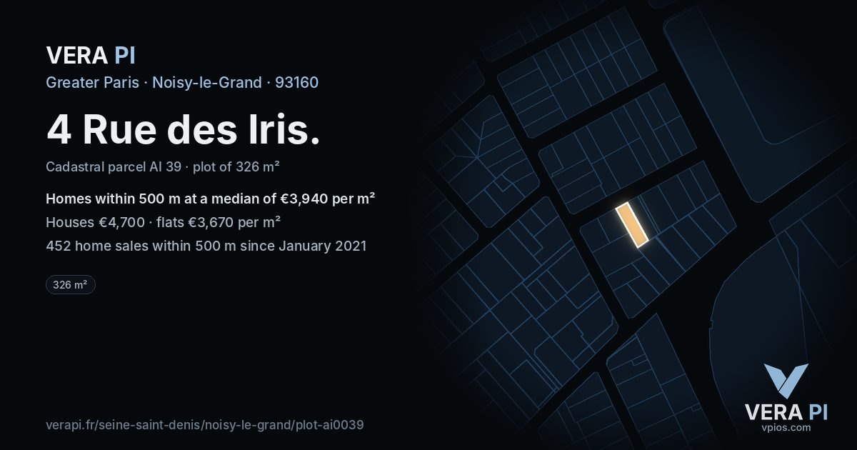 4 Rue des Iris, Noisy-le-Grand at night – the plot lit, the parcels around coloured by the prices near them