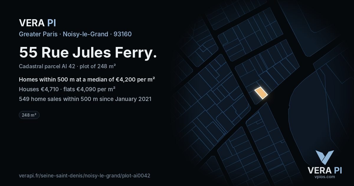 55 Rue Jules Ferry, Noisy-le-Grand at night – the plot lit, the parcels around coloured by the prices near them