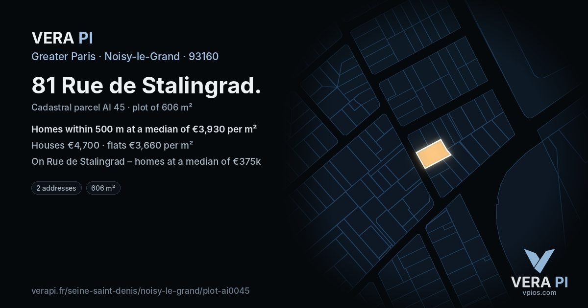 81 Rue de Stalingrad, Noisy-le-Grand at night – the plot lit, the parcels around coloured by the prices near them