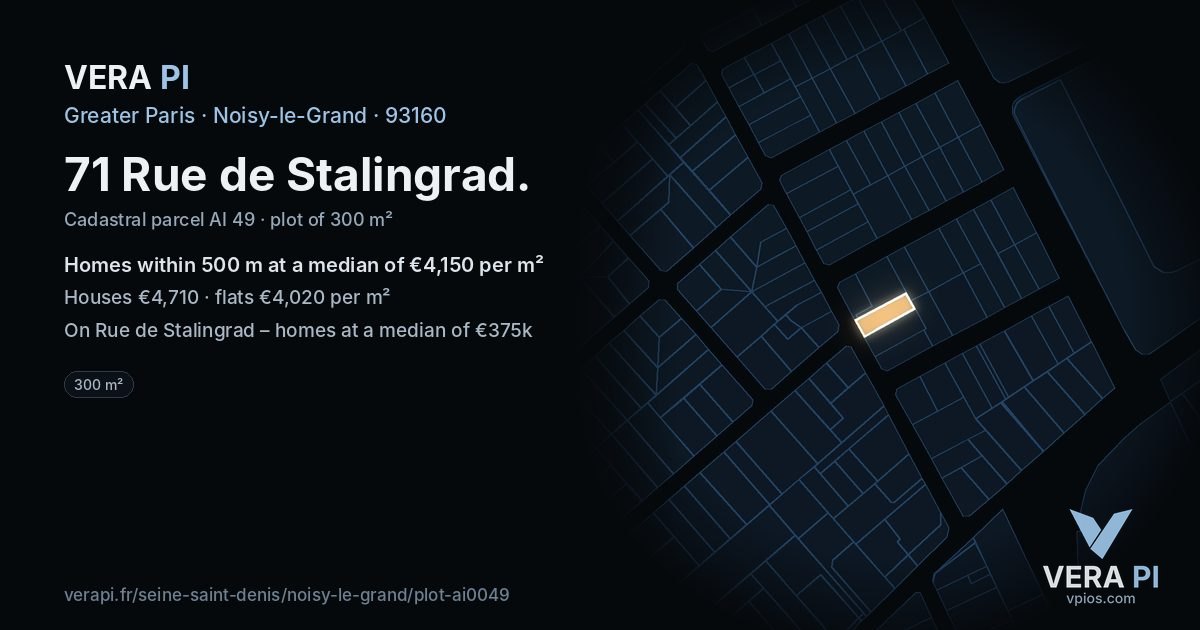 71 Rue de Stalingrad, Noisy-le-Grand at night – the plot lit, the parcels around coloured by the prices near them