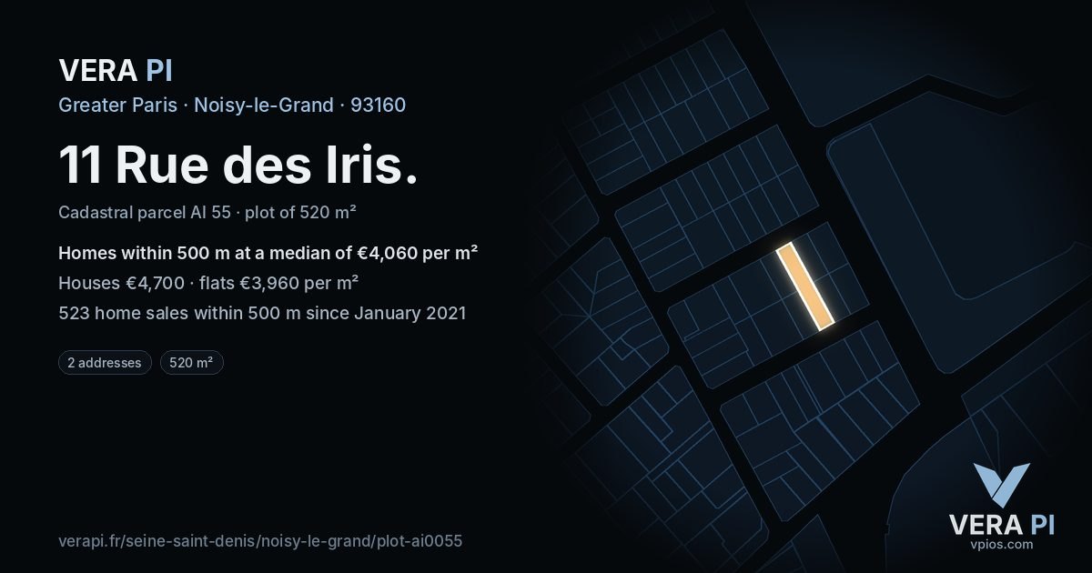 11 Rue des Iris, Noisy-le-Grand at night – the plot lit, the parcels around coloured by the prices near them