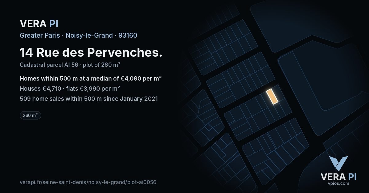14 Rue des Pervenches, Noisy-le-Grand at night – the plot lit, the parcels around coloured by the prices near them