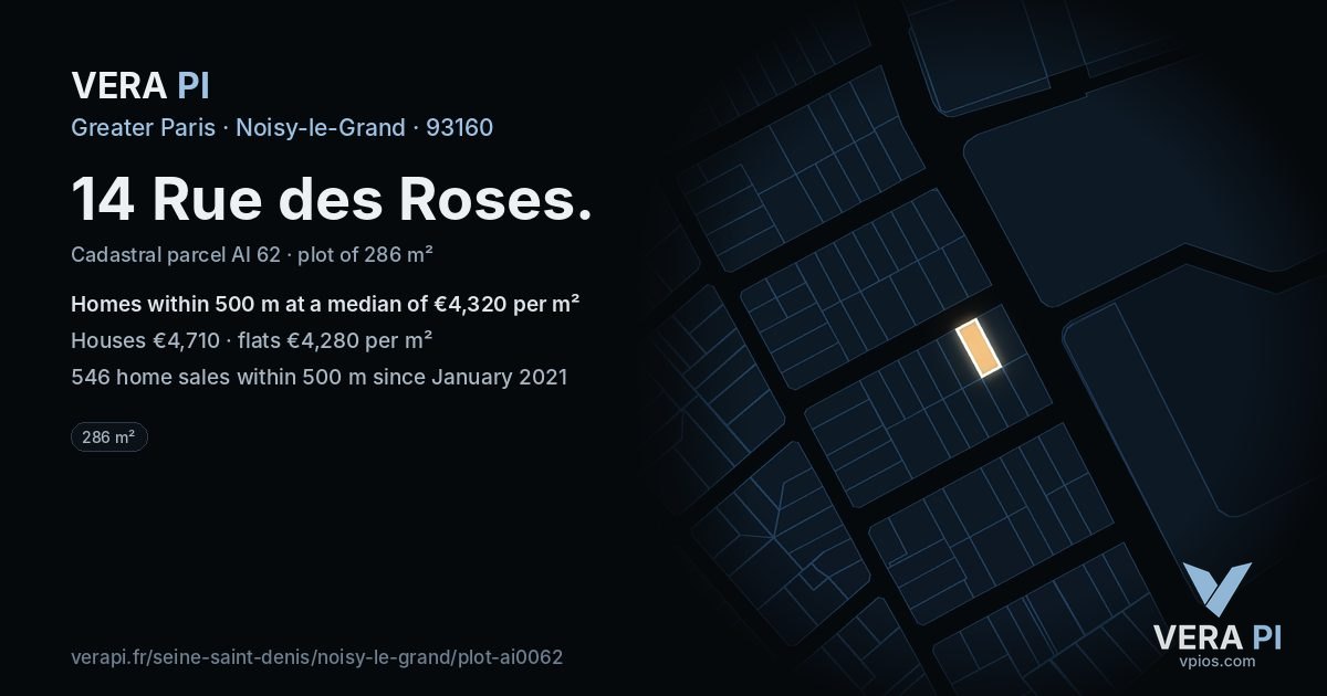 14 Rue des Roses, Noisy-le-Grand at night – the plot lit, the parcels around coloured by the prices near them
