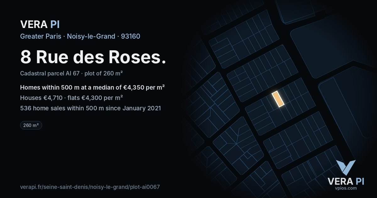 8 Rue des Roses, Noisy-le-Grand at night – the plot lit, the parcels around coloured by the prices near them