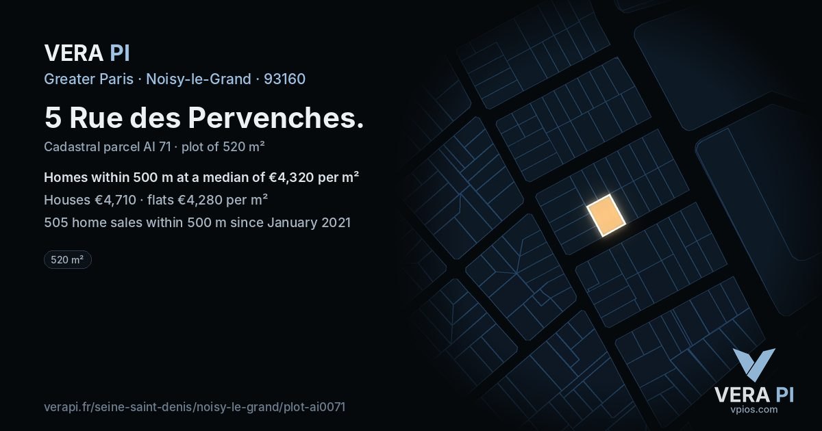 5 Rue des Pervenches, Noisy-le-Grand at night – the plot lit, the parcels around coloured by the prices near them