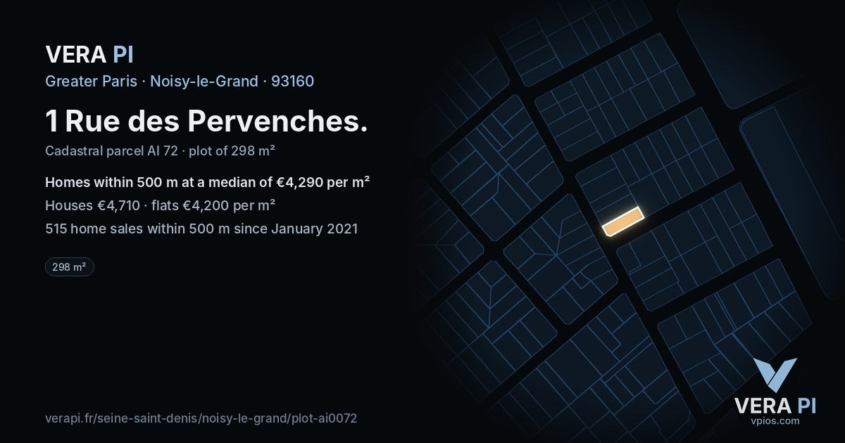 1 Rue des Pervenches, Noisy-le-Grand at night – the plot lit, the parcels around coloured by the prices near them