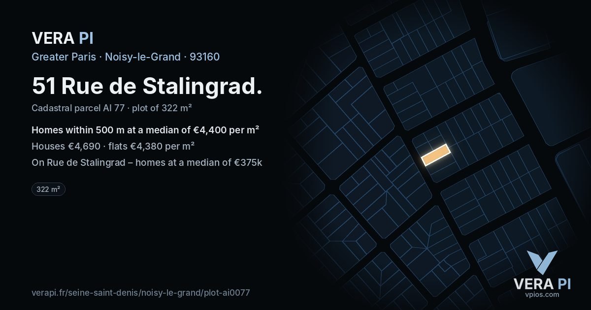 51 Rue de Stalingrad, Noisy-le-Grand at night – the plot lit, the parcels around coloured by the prices near them