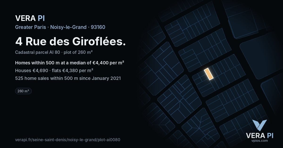 4 Rue des Giroflées, Noisy-le-Grand at night – the plot lit, the parcels around coloured by the prices near them
