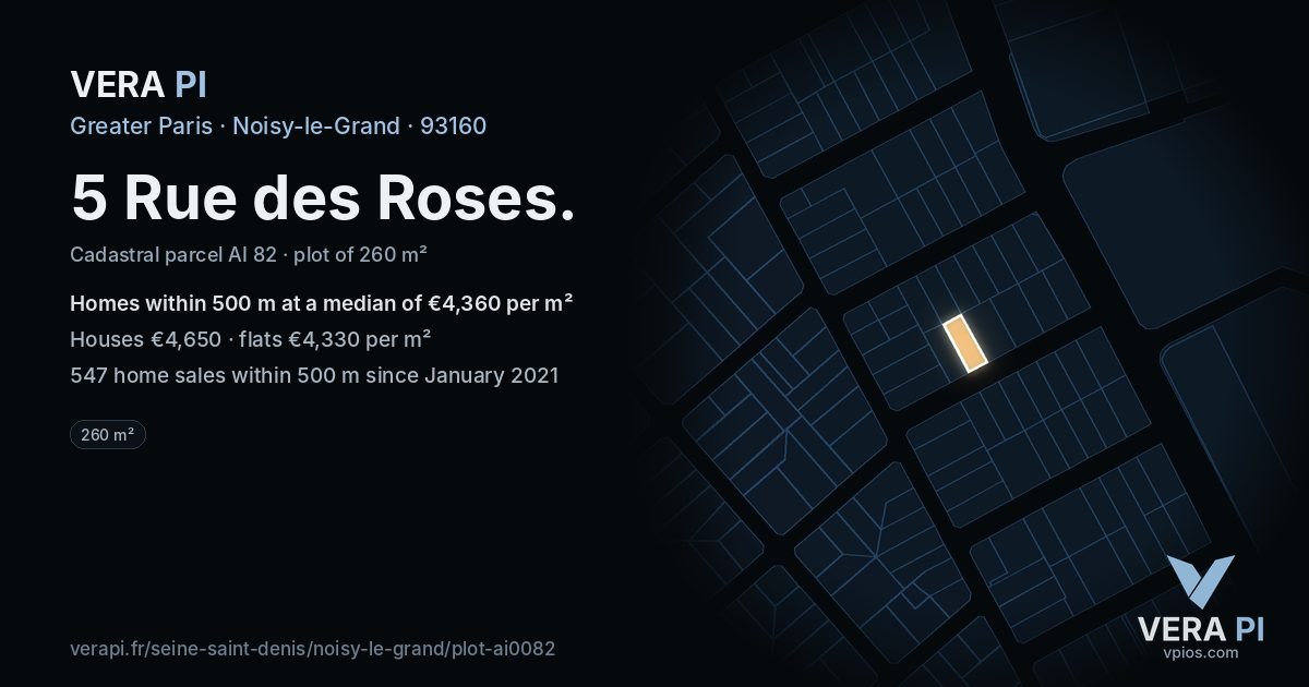 5 Rue des Roses, Noisy-le-Grand at night – the plot lit, the parcels around coloured by the prices near them
