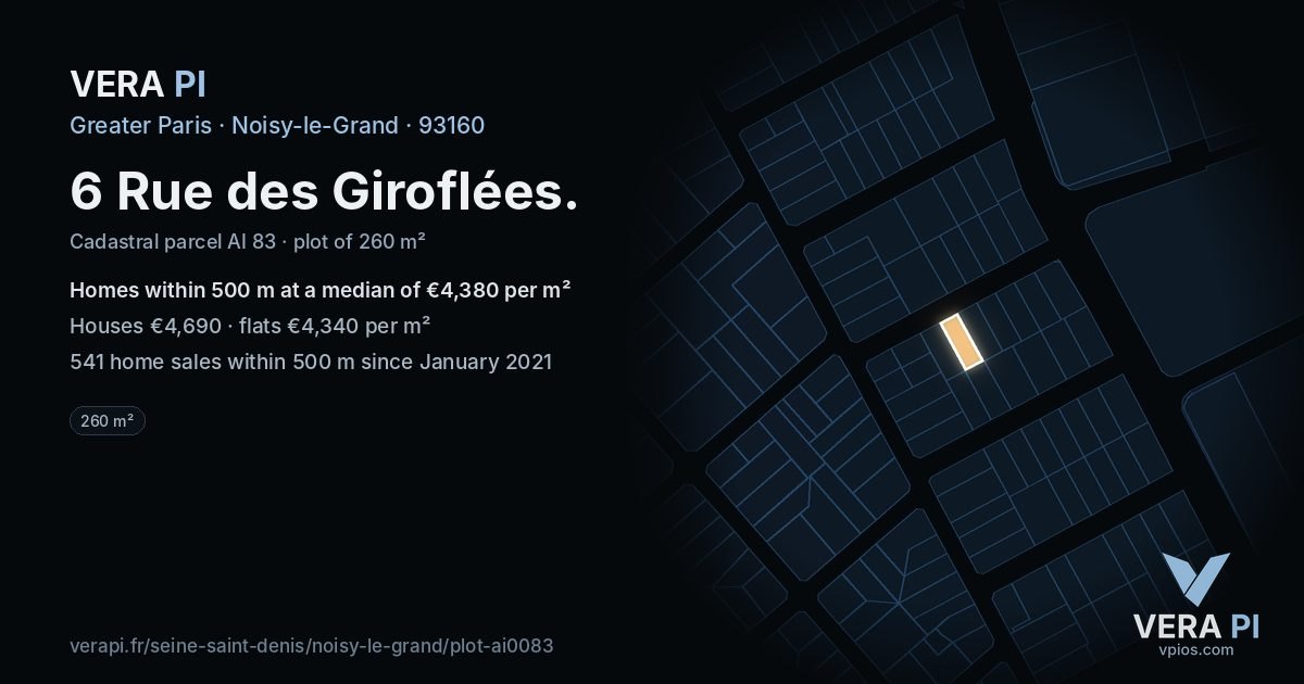 6 Rue des Giroflées, Noisy-le-Grand at night – the plot lit, the parcels around coloured by the prices near them
