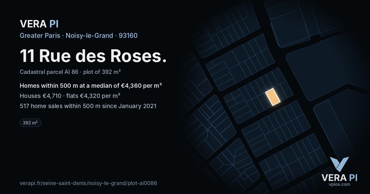 11 Rue des Roses, Noisy-le-Grand at night – the plot lit, the parcels around coloured by the prices near them